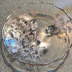 Flanders poppy candy dish with silver overlay -7 1/2”